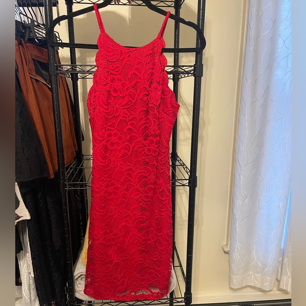by & by Vibrant Red Floral Lace Midi Dress